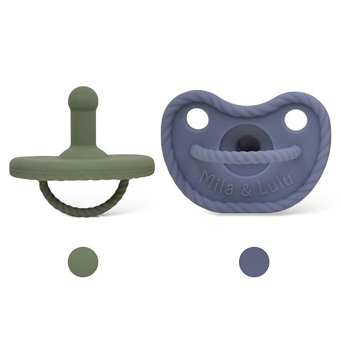 Round Shape Silicone Pacifiers (Set of 2); 0 Months and up; 100% Food-Grade Silicone; Ultra-Light Silicone Binkies Set; 1 Piece Design (Olive/Ocean) - Mila & Lulu