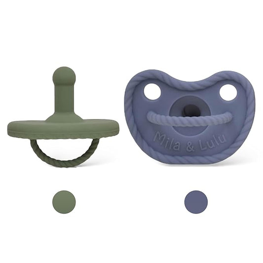 Round Shape Silicone Pacifiers (Set of 2); 0 Months and up; 100% Food-Grade Silicone; Ultra-Light Silicone Binkies Set; 1 Piece Design (Olive/Ocean) - Mila & Lulu