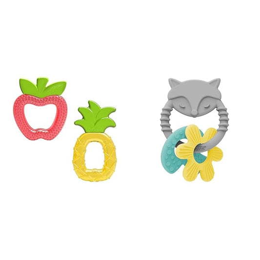Dr. Brown's AquaCool Water-Filled Baby Teether 2 Pack, Learning Loop Fox Baby Teether Ring, Pineapple Apple Shapes, 100% Silicone, BPA Free, 3m+