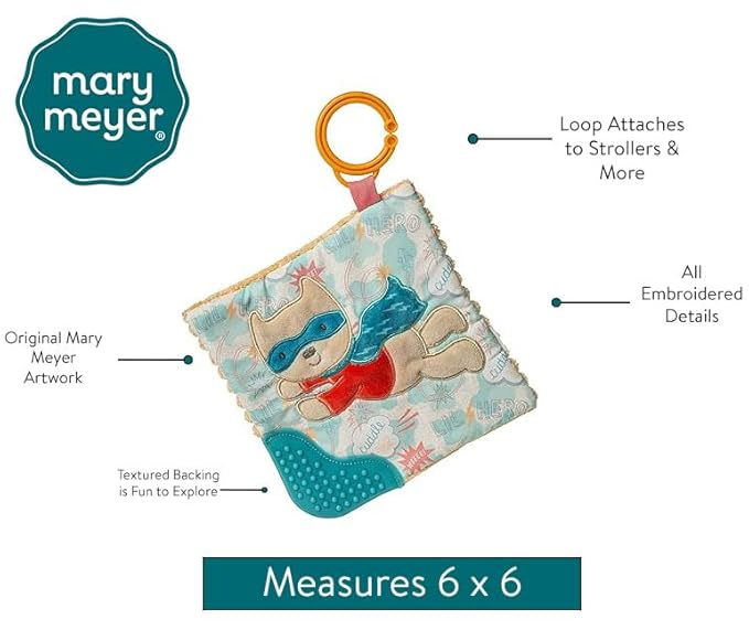 Mary Meyer Crinkle Teether Toy with Baby Paper and Squeaker, 6 x 6-Inches, Lil' Hero