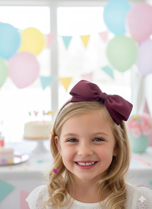 ClassExceed Burgundy Bow Headband for Girls 3–12 – Party & Recital Hair Bow, Solid Ribbon Kids Headband for Birthday Outfits