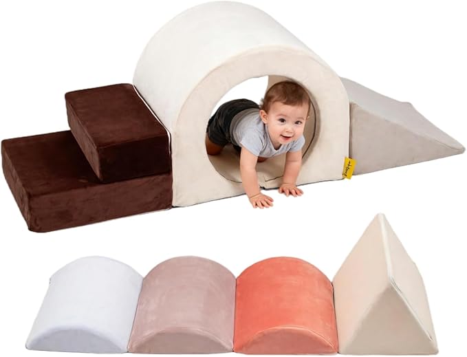 BanaSuper 5-Piece Climbing Toys for Toddlers, Kids Foam Blocks Playset with Arch Tunnel, Convertible Cylinder, Stairs & Ramp, Toddler Indoor Soft Play Gym Activity Play Set for Crawling and Playing