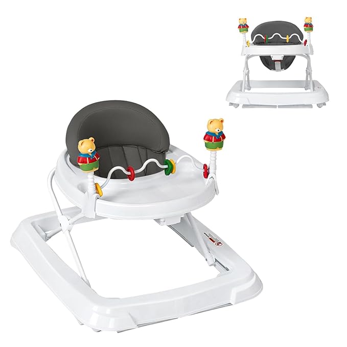 Baby Walker, Collapsible Baby Activity Walker with Walking Toys & 3-Levels Adjustable Height, Comfy High Back Seated Baby Walker with Wheels for Boys & Girls (Grey)