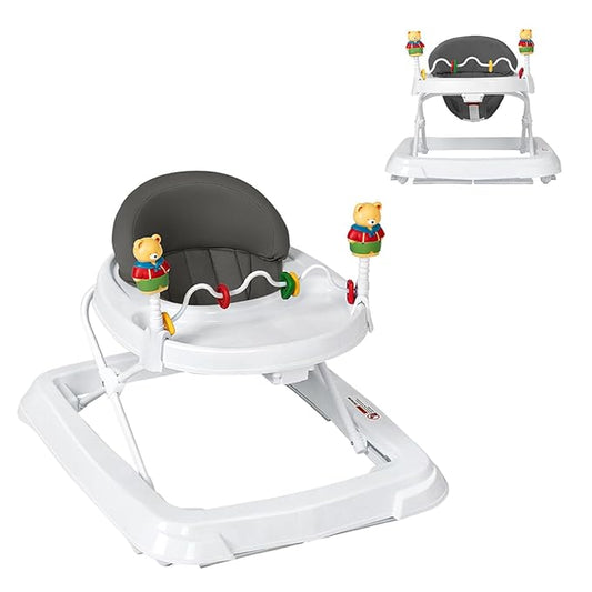 Baby Walker, Collapsible Baby Activity Walker with Walking Toys & 3-Levels Adjustable Height, Comfy High Back Seated Baby Walker with Wheels for Boys & Girls (Grey)
