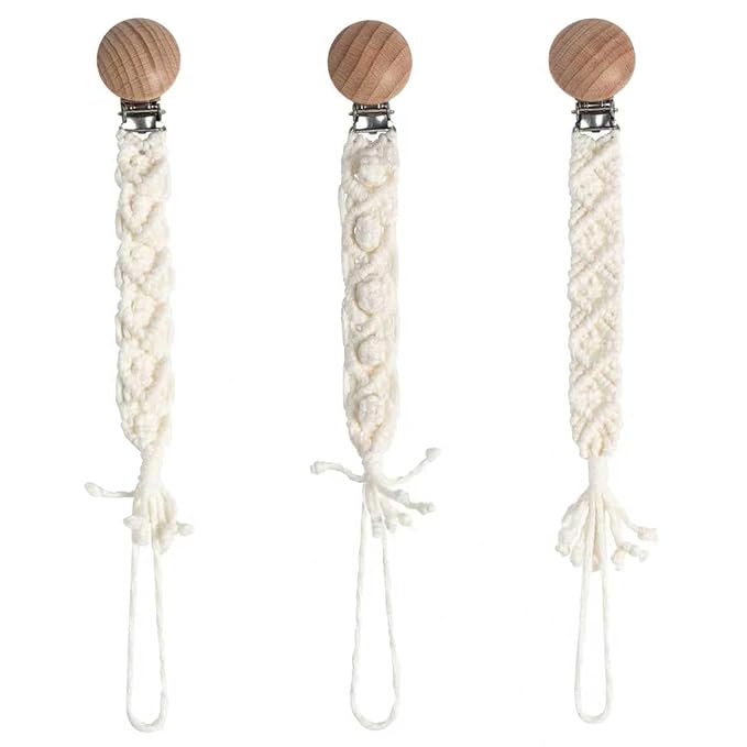 Boho Pacifier Clip for Boys Girls Pacifier Holder Leash Wooden Clips Handmade Braided Cotton Unisex Baby Shower Birthday Gift Christmas Gift (Pattern 10)