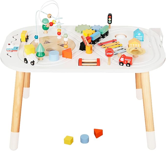 touch us Baby Activity Cubes for Kids,Toddler Activity Cubes&Activity Center Table with Wooden Bead Mazes，Mini Toy Car,Gears&Blocks|Wooden Desk Play Table as Montessori Toy for 1 Year Old Boy Girl