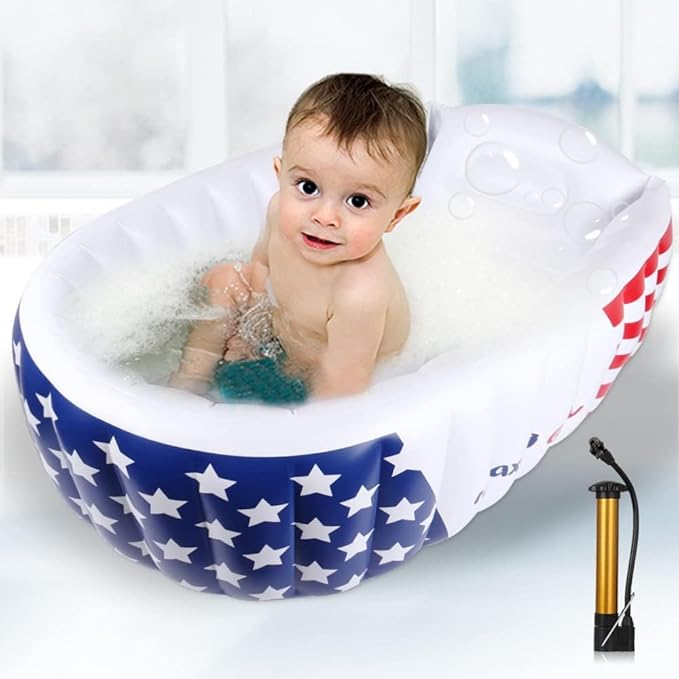 | Inflatable Baby Bathtub,Newborn Bathtub Seat for Infant,Non-Slip Baby Pool for Sitting up,Foldable Toddler Tub Shower,Portable Travel Bath for Kids 0-6 Year (White, Animal Print)