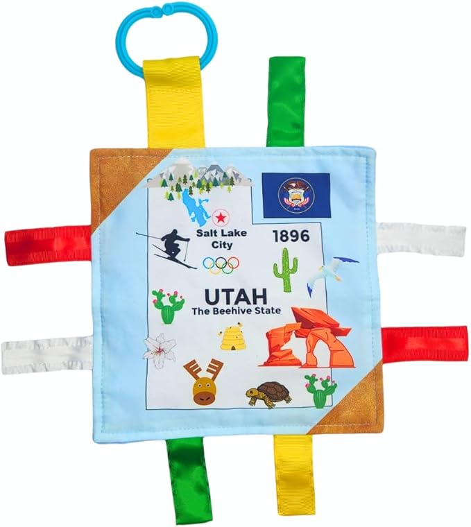 Baby Jack & Co 8x8” Learning Lovey Utah State Tag Stroller Toy for Babies - Crinkle Toys for Developing Five Senses - Learn About Capitals - Travel with Baby Jack - BPA Free Clip