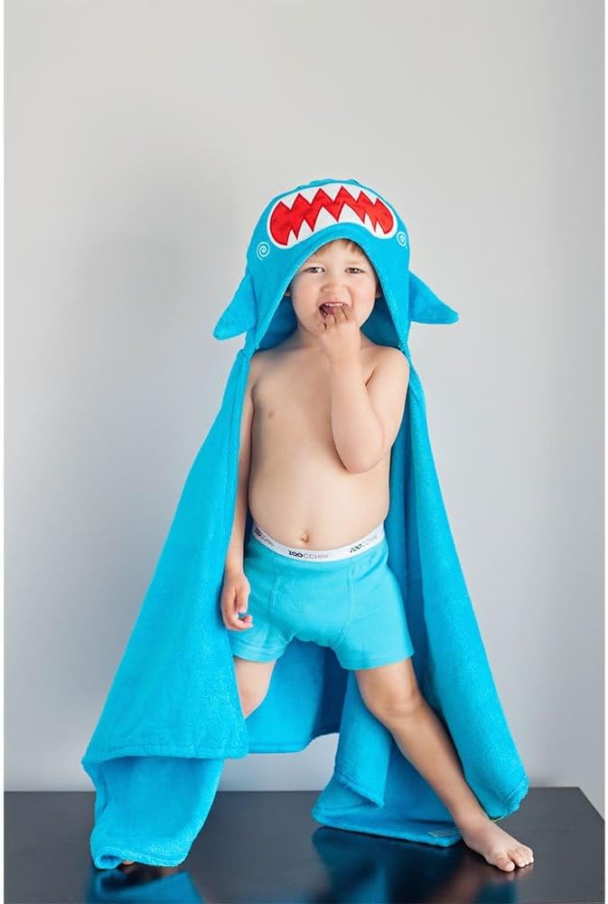 ZOOCCHINI Hooded Bath Towel for Kids 100% Cotton Terry, Plush & Absorbent for Bathtime or Pool, 50" x 22" 2-6 Years, Sherman the Shark
