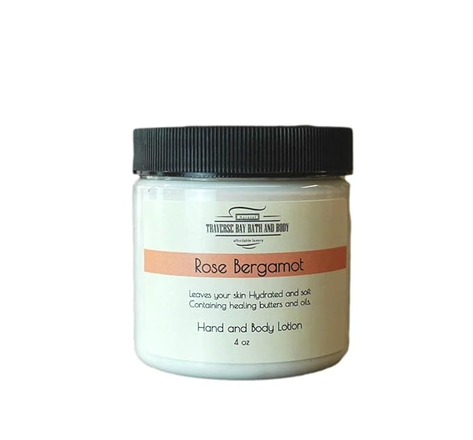 Bergamot Rose Moisturizing Hand & Body lotion 4 oz Bedside size. The timelessness of Rose blended with the citrusy scent of Bergamot
