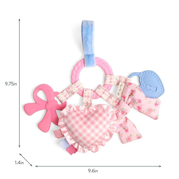 Itzy Ritzy Teething Activity Toy - Bitzy Busy Ring Infant Teething Toy Features Braided Teether & Dangling Toys, Includes Textured Ribbons, Crinkle Sound & Jingle Bell - 0 Months & Up (Pink Bow)