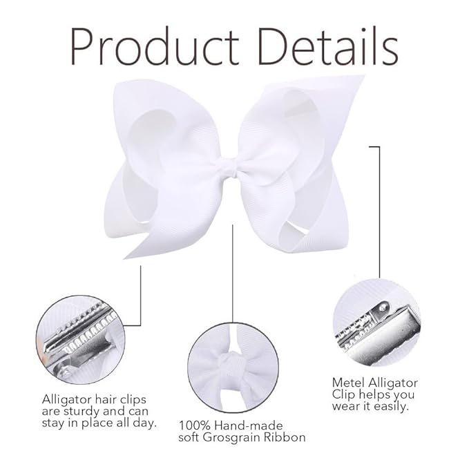 Oaoleer Big Hair Bows for Girls 12 PCS 6" White Grosgrain Ribbon Large Boutique Bow Alligator Clips Hair Accessories for Toddlers Little Girls Kids