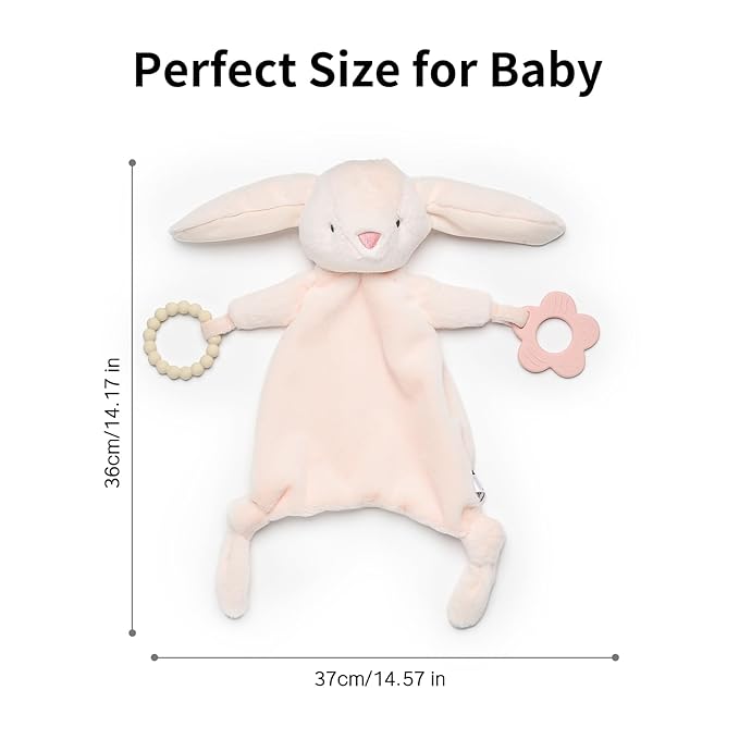 Loveys for Babies, Lovey Including Silicone Teether, Soft Bunny Stuffed Animals Security Blanket, Baby Snuggle Toy, for Newborn Boys and Girls