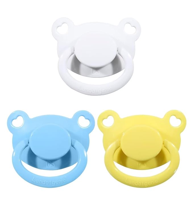 Landofgenie Large Shield Adult Size Pacifiers Set Bear Shaped Cutie Pacifier 3 Pack - White+Blue+Yellow