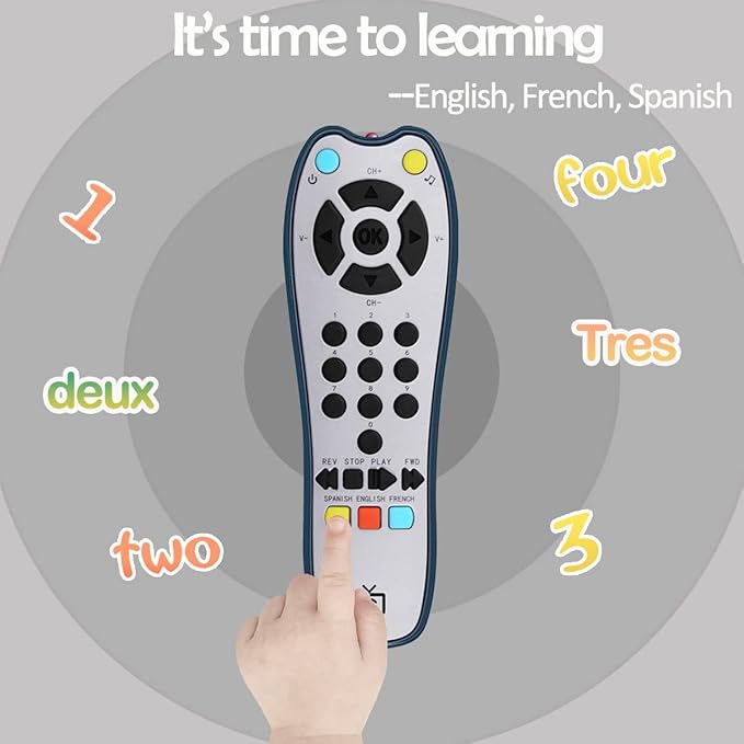 Baby Realistic TV Remote Control Toy with Light and Sound, Upgrade Adjustable Volume, Early Educational Musical Toys with 3 Language English,French and Spanish Gift Toy for 3+ Months Boys or Girls