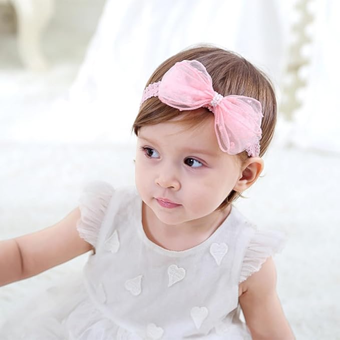 Baby Girl Bows Lace Headband Soft Cotton Tulle Hair Band Princess Infant Head Wrap Turban Ribbon Bow-knot Elastic Hair Accessory for Newborn Infant Toddler (Pink, Standard size)