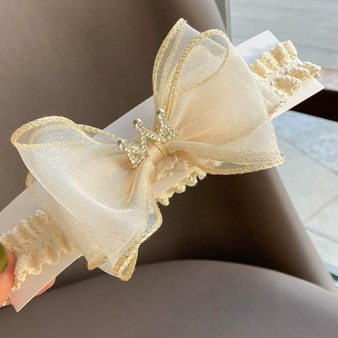 Baby Girls Hairbands bows Headband Stretchy Soft Flower Hairband Toddler Handmade Headbands with Pearls Elastic Headband for Infant Toddler Girl Hair Accessories (Beige Bow, Elastic)