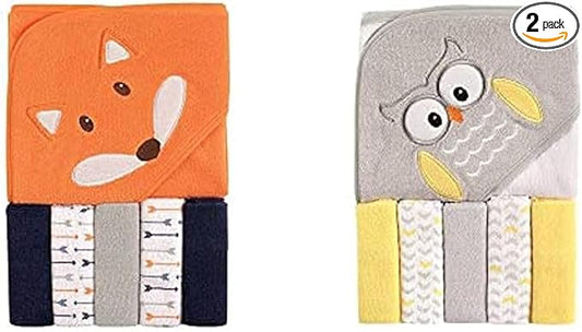 Luvable Friends Boy Hooded Towel with Five Washcloths 2-Pack, Fox Owl