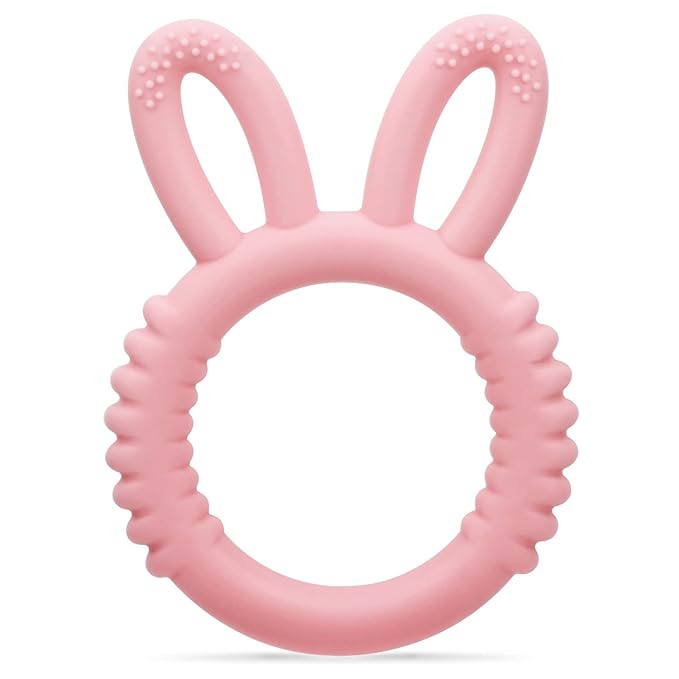 MISSLILI Silicone Babies Teethers Baby Teething Toys for Soothe Massage Sore Gums for 3-12 Months Infants, BPA Free, Easter Gifts for Boys and Girls, Ring Shape Rabbit Ear Design (Pink)