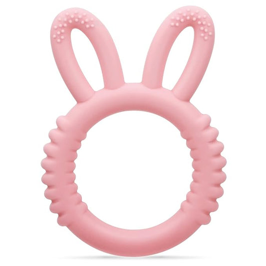 MISSLILI Silicone Babies Teethers Baby Teething Toys for Soothe Massage Sore Gums for 3-12 Months Infants, BPA Free, Easter Gifts for Boys and Girls, Ring Shape Rabbit Ear Design (Pink)