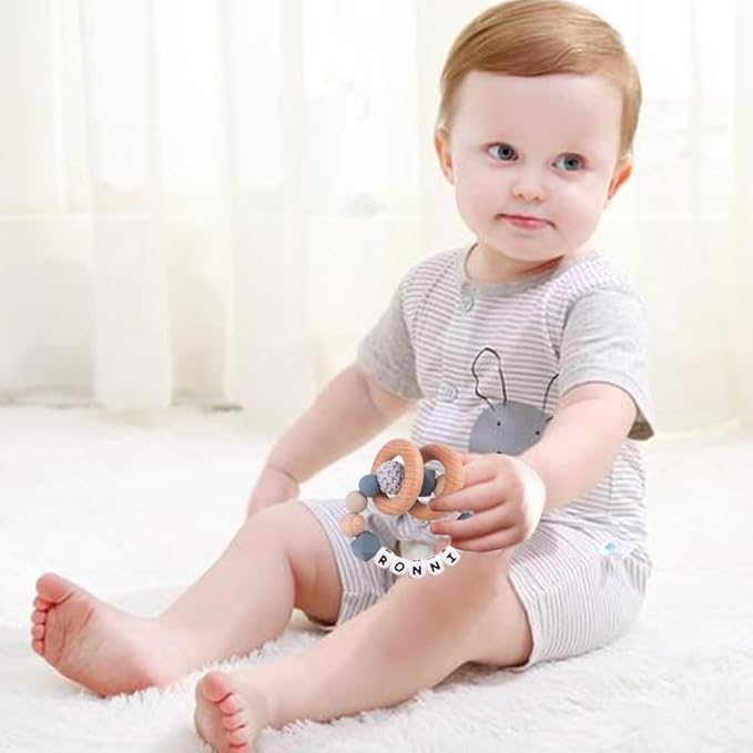 Personalized Baby Rattle Ring with Name,Custom Silicone Bracelet Rings Stroller for New Baby Newborn Shower Gift (Wooden Rings)