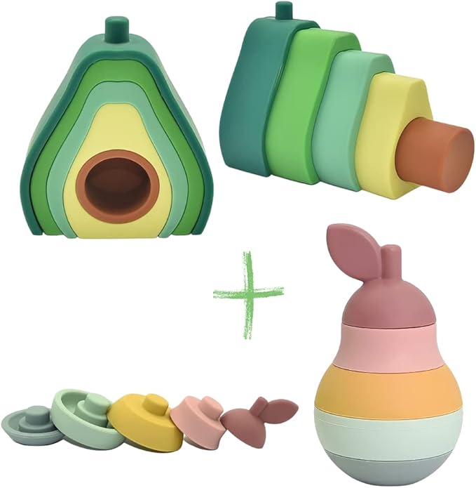 Avocado Stacker 6PC Toddler Toys, Baby Stacking Toys, Montessori Toys, Silicone Nesting Puzzle Blocks for Early Childhood Education, Army Green Series (Avocado/Pear), 6PCs