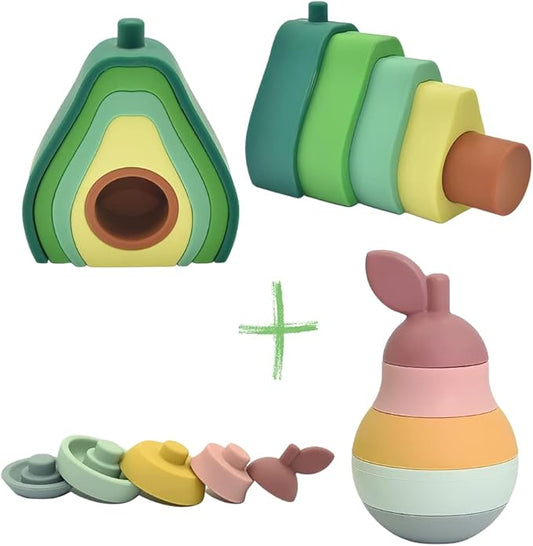 Avocado Stacker 6PC Toddler Toys, Baby Stacking Toys, Montessori Toys, Silicone Nesting Puzzle Blocks for Early Childhood Education, Army Green Series (Avocado/Pear), 6PCs