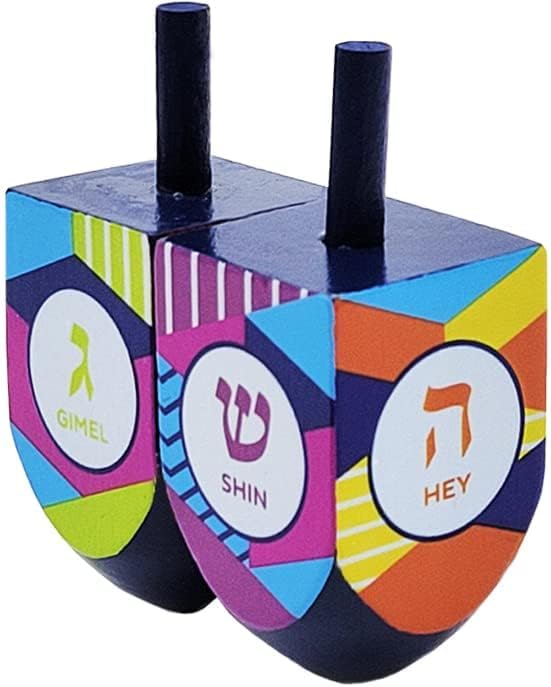 The Dreidel Company Extra Large Hand Painted Wood Hanukkah Dreidels, 10-Pack Retro Dreidel Design