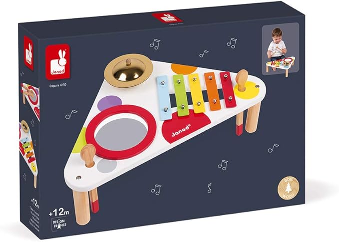 Janod Confetti Wood Musical Table - Includes 3 Instruments - Ages 12 Months+ - J07634