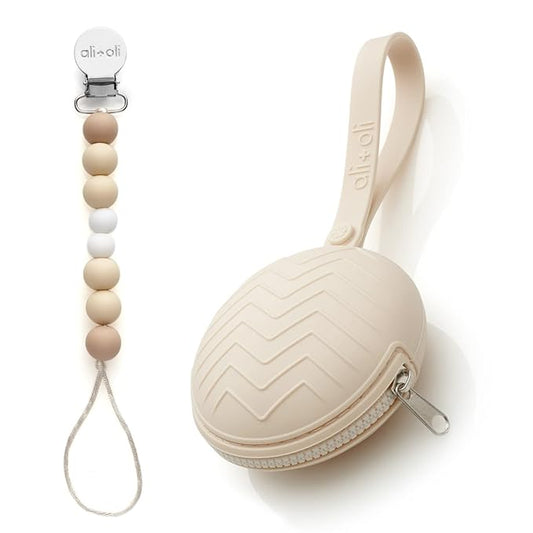 Ali+Oli (Natural) Bundle Duo, Pacifier Case Holder & Silicone Pacifier Clip for Baby