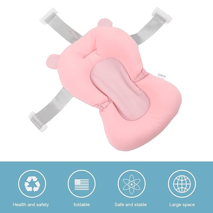 Baby Bath Seat Cushion, Floating Safe Foldable Adjustable Infant Bath Supporter for Newborn, Soft Bath Pillow Baby Bath Pillow for Bathtub (Pink Bear)