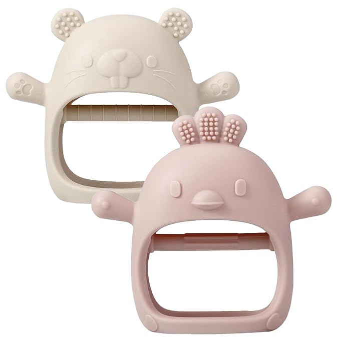 2 Pack Baby Teether Toy, BPA Free Silicone Mitten Glove Teether for Sucking Needs, Baby Teething Toys 0-3-6-12 Months, Hand Pacifier Chew Toys for Teething Pain Relief (Pink & Beige)