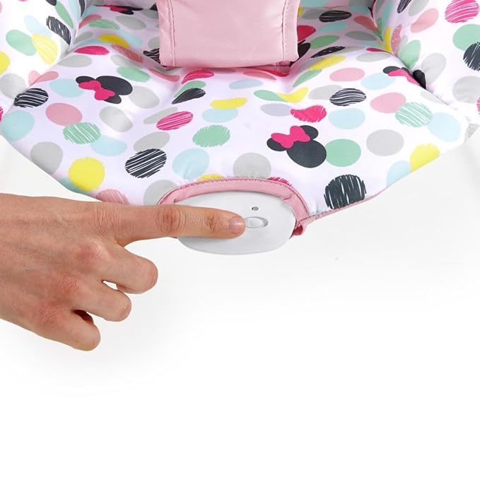 Bright Starts Disney Baby Minnie Mouse Baby Bouncer Soothing Vibrations Plush Infant Seat - Removable Toy Bar, Nonslip Feet, 0-6 Months Up to 20 lbs (Spotty Dotty)