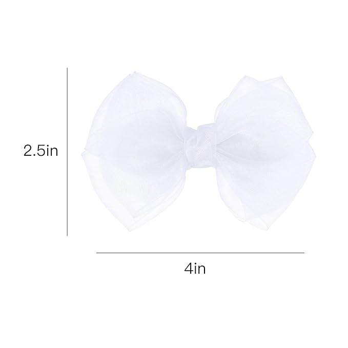Mesh Hair Bows Clip White 4" Organza Double Tulle Bow Barrettes Alligator Pins for Teens Toddler Flower Girls Wedding Pageant Communion Birthday Party Dress Decorative Accessories