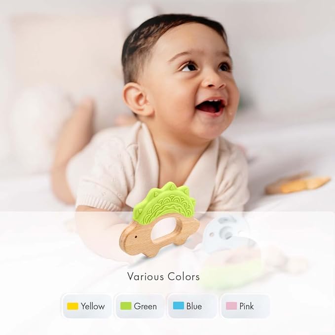 Baby Must Haves – Baby Teething Toys and Teether for Soothing Relief – Perfect for teething toys 3-6 months and Shower Gifts – Soft, BPA-Free, Ergonomic Dinosaur Wood Design.