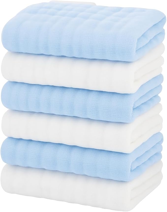 Baby Washcloths – 6 Pack Soft Muslin Cotton Towels for Newborns – Blue & White – Gentle, Reusable Face Cloths Set for Boys – 10x10