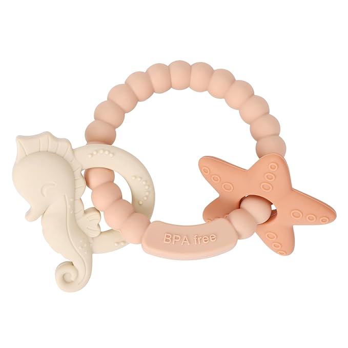Silicone Teething Ring Toy, Baby Teether Toys with Rattles, BPA Free Sensory Chew Toys for Babies 3-6-12 Months to Soothe Sore Gums, Great Shower, Christmas Gift(Blush)