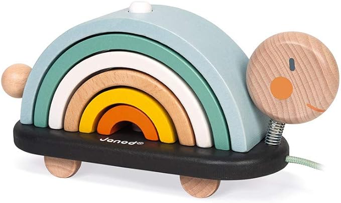 Janod - Sweet Cocoon Wooden Rainbow Turtle Stacking and Pull Toy 7 Piece Building and Nesting Stack with 6 Pastel Arches, Wobbling Head and Tail and String - Ages 18 Months+ - J0440