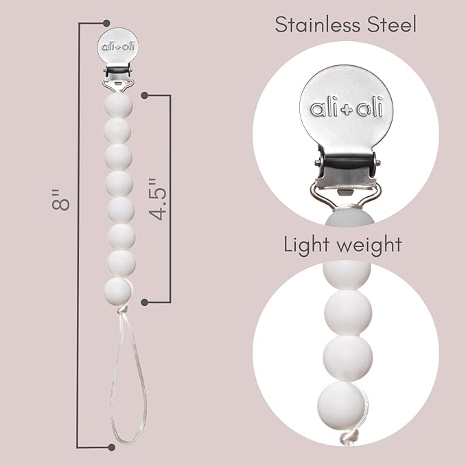Ali+Oli Silicone Pacifier Clip for Baby (White) 100% Food-Grade BPA Free Newborn Pacifier Holder Infant Binky Clip for Baby Boy or Girl