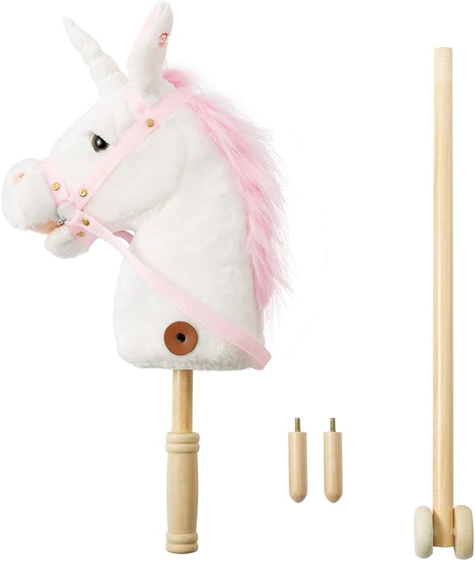 HollyHOME Plush Unicorn Stick Horse with Wood Wheels Real Pony Neighing and Galloping Sounds Plush Toy White 37 Inches(AA Batteries Required)