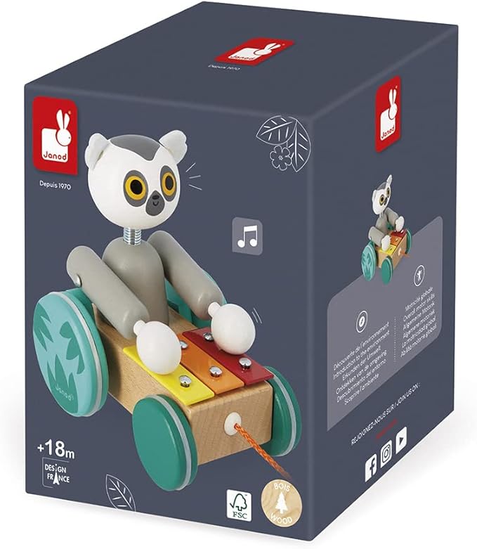 Janod - Tropik Pull-Along Lemur Xylophone - 2-in-1 Wooden Early-Learning Toy - Musical Educational Toy - Walking and Balancing - Water-Based Paint - 18 Months + J08270