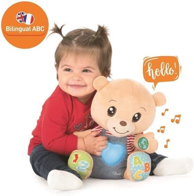 Chicco Teddy Bear Emotions Bear Interactive Plush Toy Bilingual French/English Educational Toy for Babies and Children with Lights and Songs