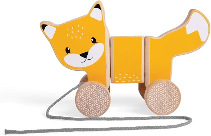 Bigjigs Toys FSC® Certified Fox Pull Along Toy - Eco-Friendly Wooden Fox with Grey Pull Cord, Quality Pull Along Toys for 1 Year Olds, Wooden Baby Toys with Non-Toxic Paints & Lacquers