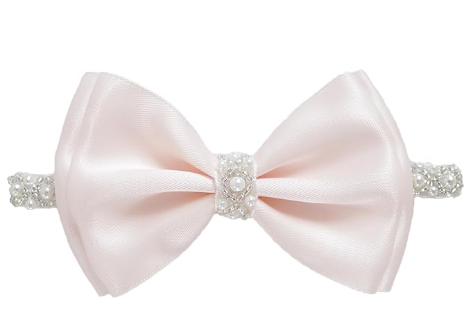 0-12 Newborn Baby Baptism Pearl Headband or Clip with Bow in WHITE Christening Headband with Satin Bow, Pearl Rhinestone Band (Light Pink(3-6Months), 1 Count (Pack of 1))
