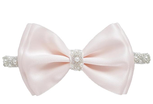 0-12 Newborn Baby Baptism Pearl Headband or Clip with Bow in WHITE Christening Headband with Satin Bow, Pearl Rhinestone Band (Light Pink(6-12Months), 1 Count (Pack of 1))