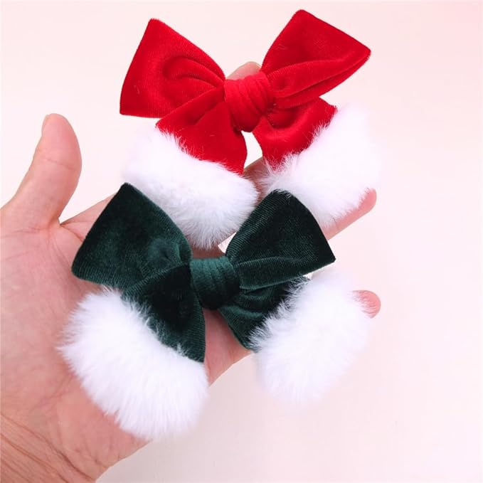 Christmas Velvet Bow Hair Clips and Accessories for Girls and Baby Mom - Xmas Plaid Red Green White Santa Bow (4 Pack)