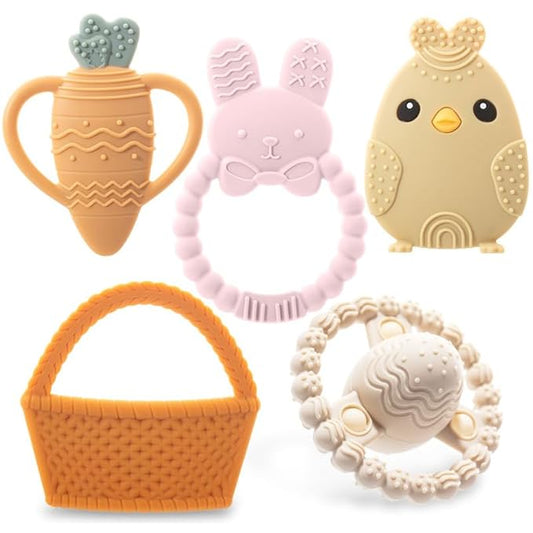 Easter Bunny Teether Set, Bunny, Carrot, Chicken, Rattle Egg & Easter Basket Baby Teething Toys Easter Teethers Toys for Babies - Pink