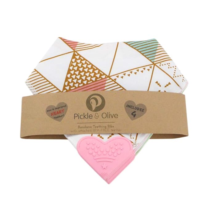 Pickle & Olive Baby Girl Bandana Teething Bibs - Attached Heart Teether - Set of 4 - Pink