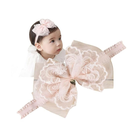 Lace Flower Bow Baby Girls Headband Pink Knot Infant Wrap Soft Chiffon Elastic Baby Turban Hair Band for Newborn Infant Toddler Kids (Pink D)