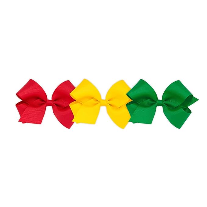 Wee Ones Girls' 3 pc Set Solid Grosgrain Variety Pack on a WeeStay No-Slip Hair Clip, Medium, Red, Yellow, and Green